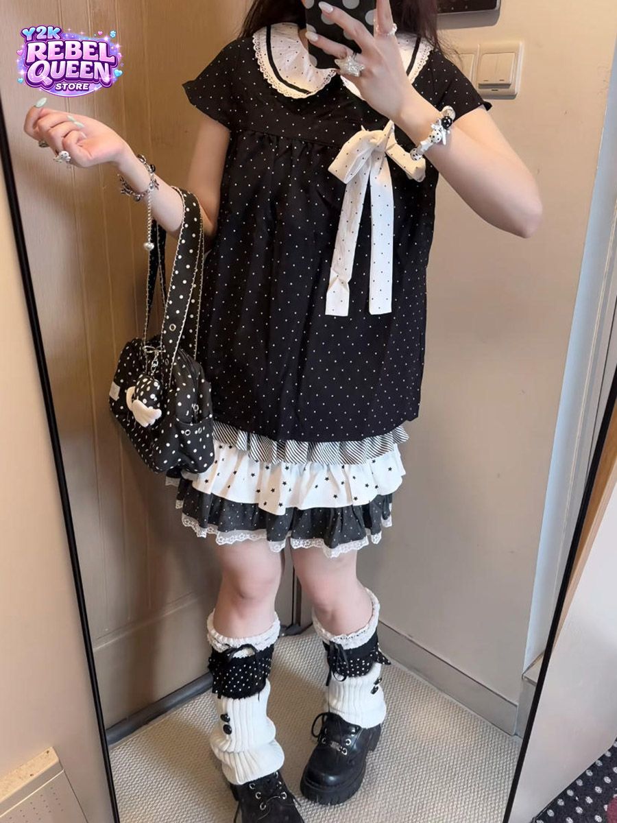 Elastic Lace Trim - Y2K Kawaii Japanisches Polka-Dot 2-Teiliges Set