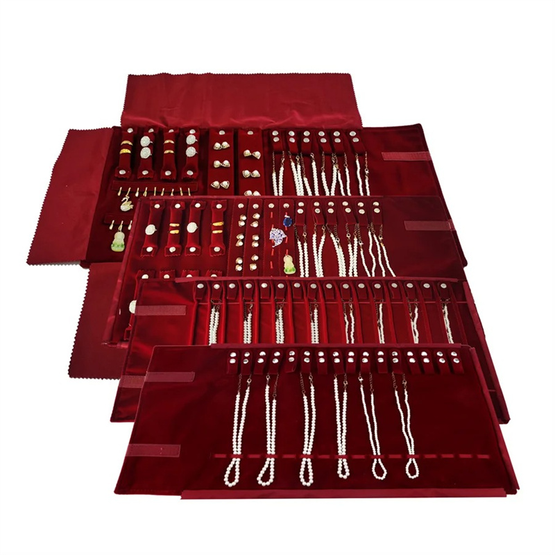 Velvet Ribbon Roll - Burgunderroter Samt-Schmuckrollkoffer, tragbares 16-Fächer-Halsketten-Rollkoffer-Set, Rollkoffer-Folienabdeckungs-Set